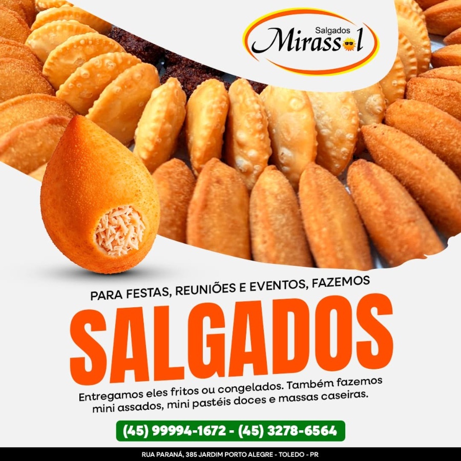 Coxinhas, risoles, bolinhas de queijo e muito mais na Mirassol Salgados de Toledo; faça o seu pedido via WhatsApp