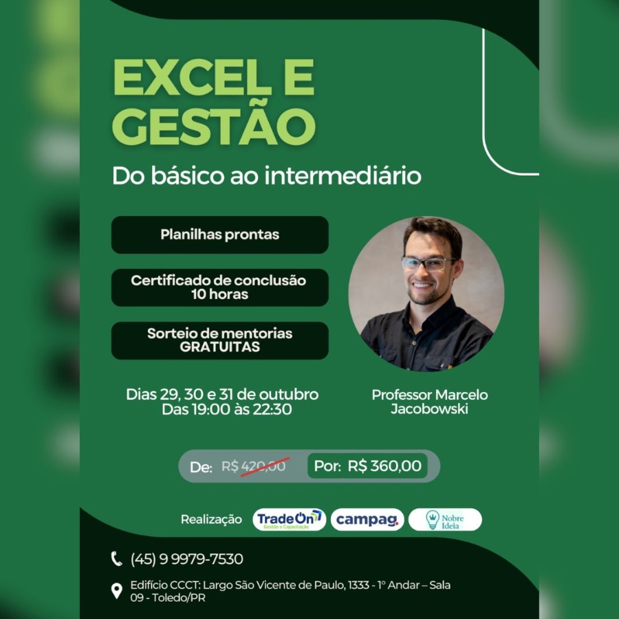 Inscrições abertas para o curso Excel e Gestão: do Básico ao Intermediário em Toledo!