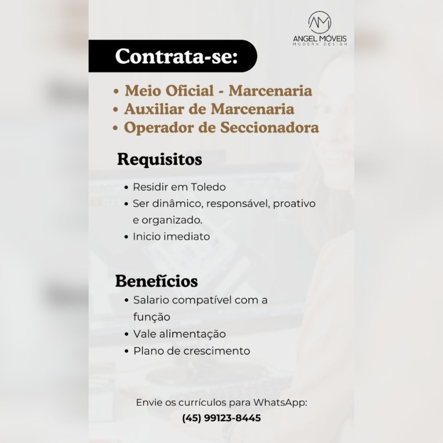 Angel Móveis de Toledo abre vaga para Oficial de Marcenaria, Auxiliar de Marcenaria e Operador de Seccionadora; envie o seu currículo aqui