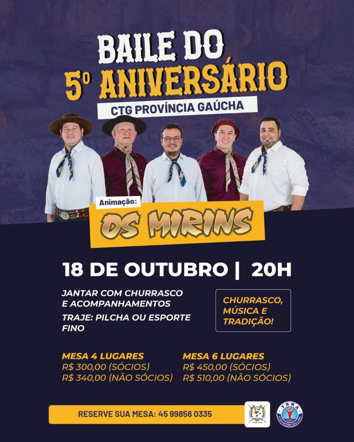 CTG Província Gaúcha celebra 5º aniversário com baile e jantar festivo em Toledo