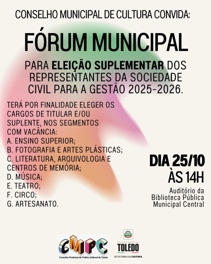 Fórum Municipal de Cultura do CMPC de Toledo será realizado em 25 de outubro; veja como participar