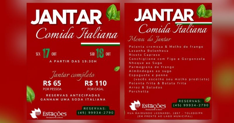 Jantar Italiano no Estações Restaurante & Bistrô em Toledo ocorre nesta sexta (17) e sábado (18); garanta a sua reserva pelo WhatsApp!