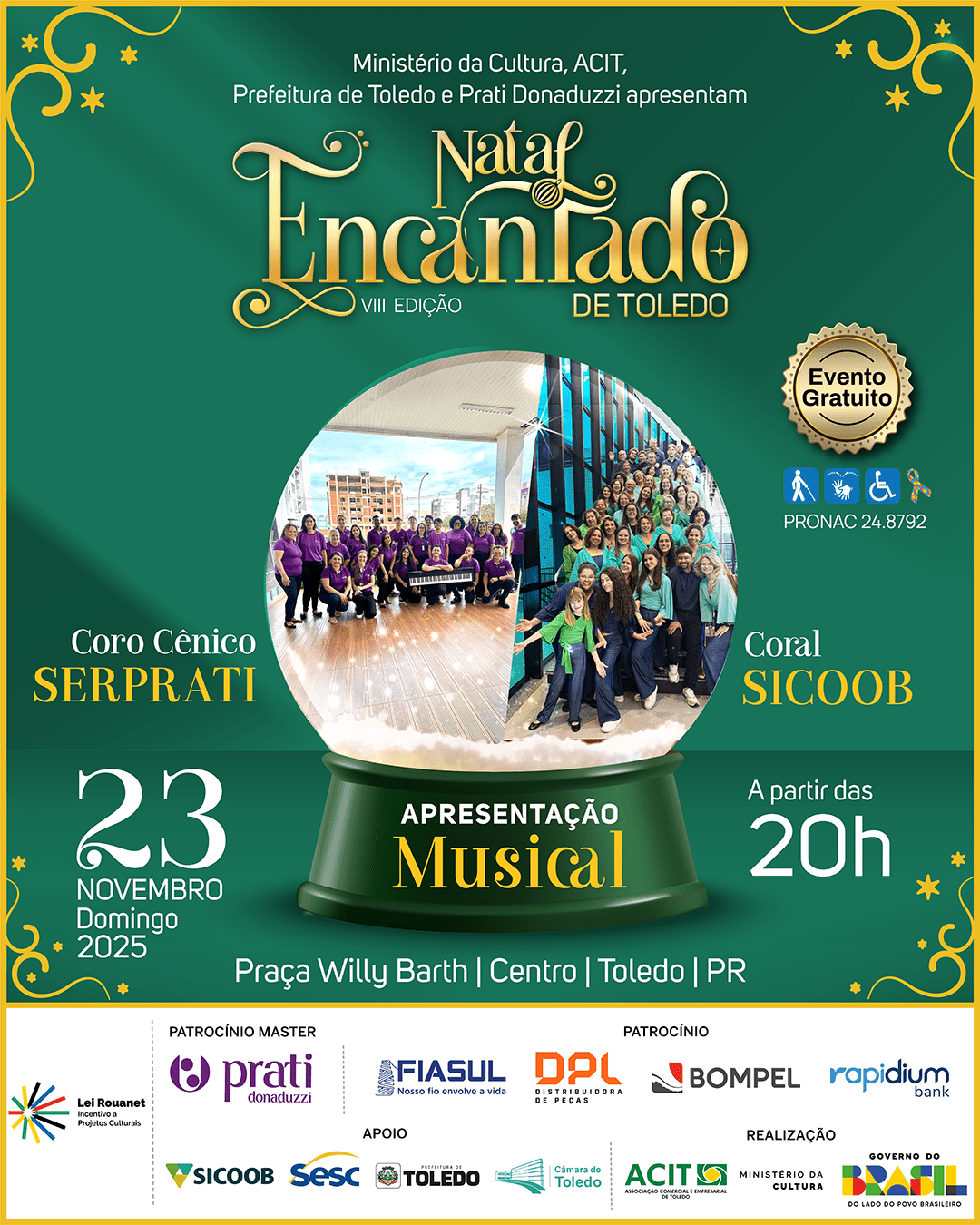 Coral Sicoob e Coro Cênico Serprati serão atrações deste domingo, 23 de novembro, no Natal Encantado de Toledo