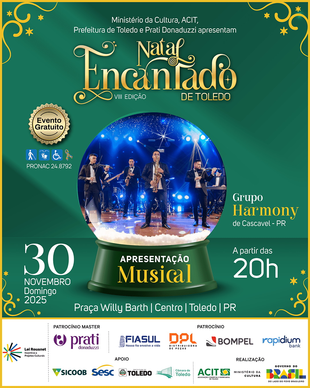 Grupo Harmony Music será atração do Natal Encantado de Toledo neste domingo, dia 30 de novembro