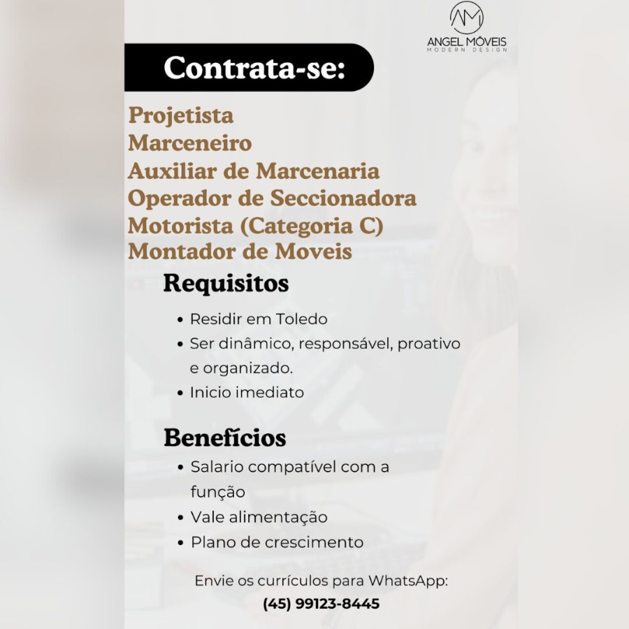 Angel Móveis de Toledo abre vagas para diferentes áreas; envie o seu currículo via WhatsApp e aproveite as oportunidades