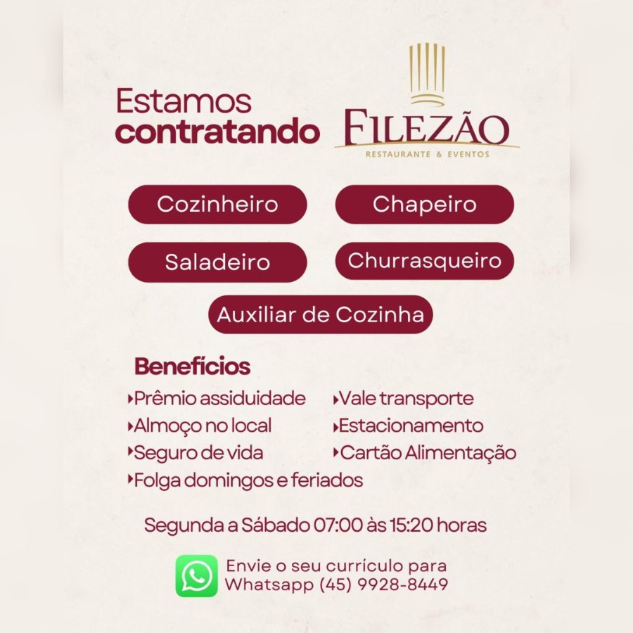 Restaurante Filezão de Toledo contrata Cozinheiro, Chapeiro, Saladeiro, Churrasqueiro e Auxiliar de Cozinha; envie o seu currículo aqui