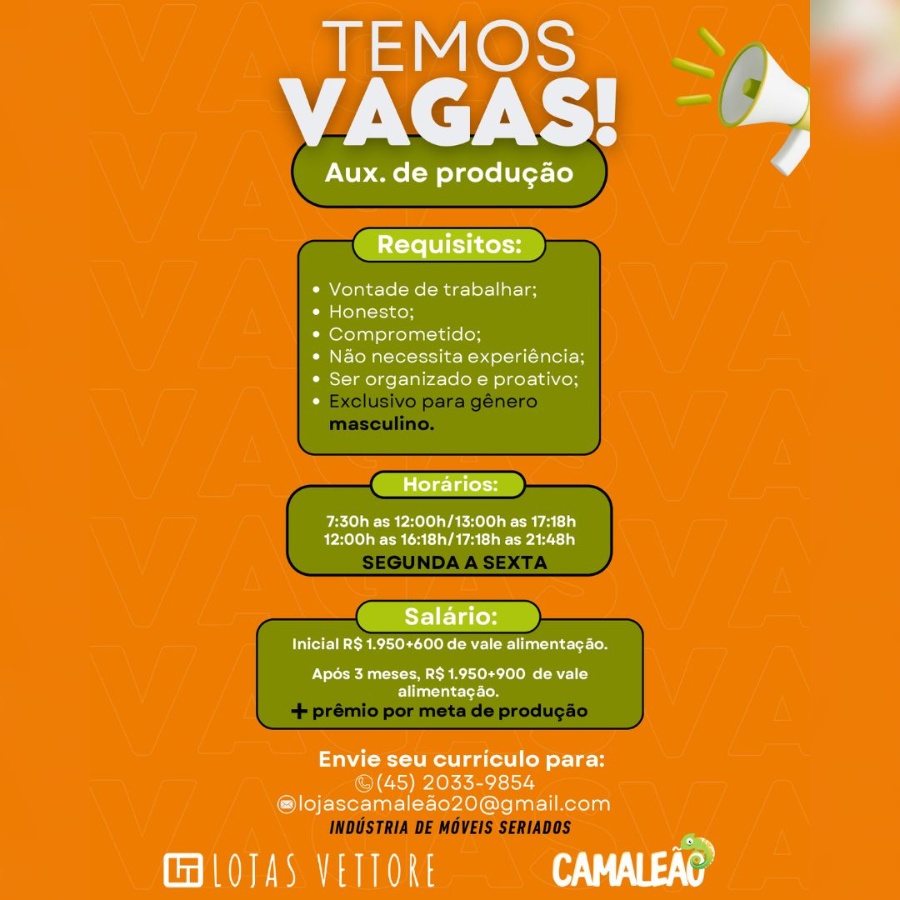 Indústria de móveis Camaleão de Toledo contrata Auxiliar de Produção masculino! Envie o seu currículo aqui
