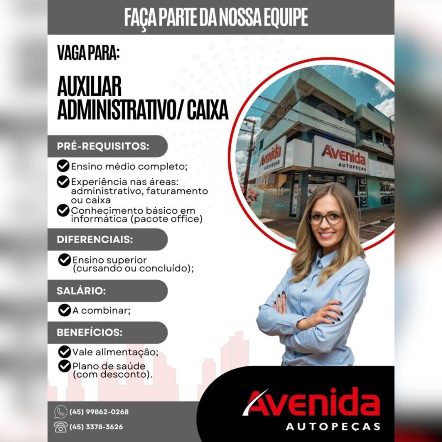 Avenida Autopeças de Toledo contrata Auxiliar Administrativo/Caixa! Confira os detalhes e candidate-se aqui