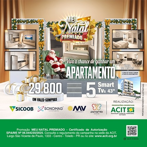 Campanha ???Meu Natal Premiado??? da ACIT terá sorteio de apartamento,TVs e quase R$ 30 mil em vales-compras