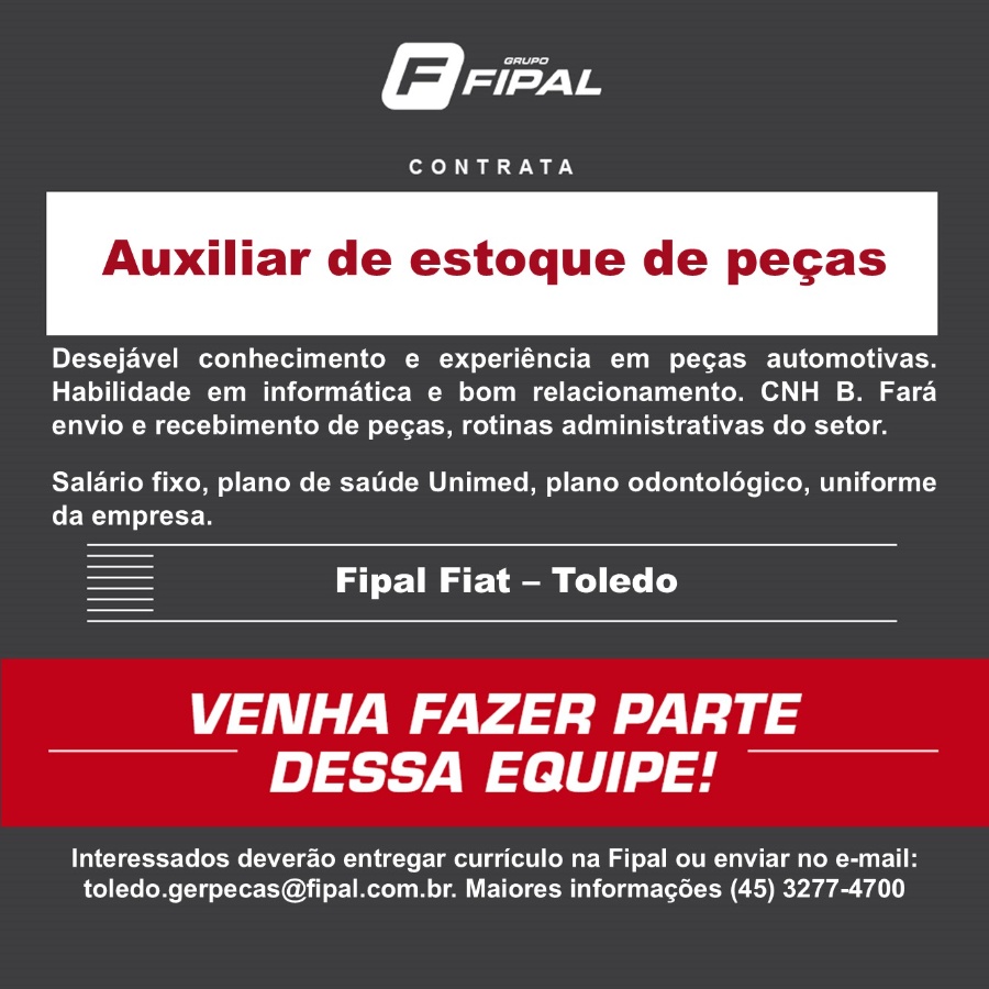Fipal de Toledo abre vaga para Auxiliar de Estoque de Peças! Confira os requisitos e envie o seu currículo aqui