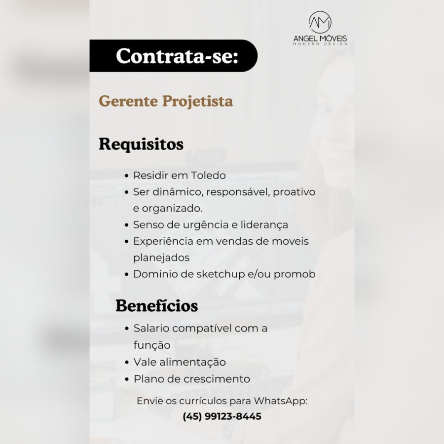 Angel Móveis Modern Design de Toledo abre oportunidade para Gerente Projetista; confira os requisitos e candidate-se aqui