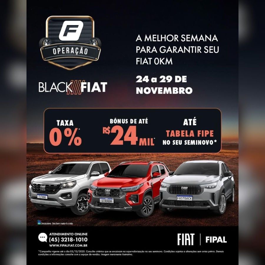 Black Fiat + Operação F com ofertas especiais e café da manhã neste sábado na Fiat Fipal de Toledo