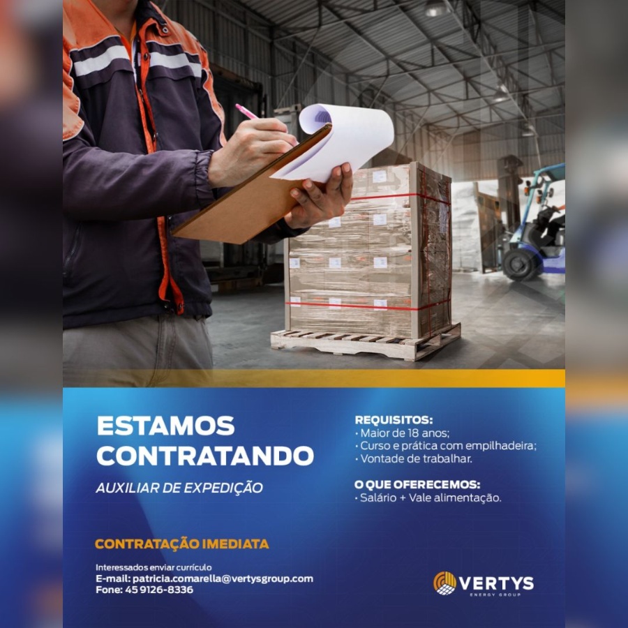 Vertys Energy Group de Toledo abre vaga para Auxiliar de Expedição; envie o seu currículo aqui