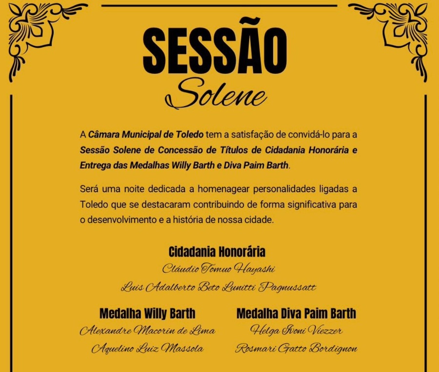 Câmara de Toledo entregará honrarias a personalidades que marcaram a história de Toledo