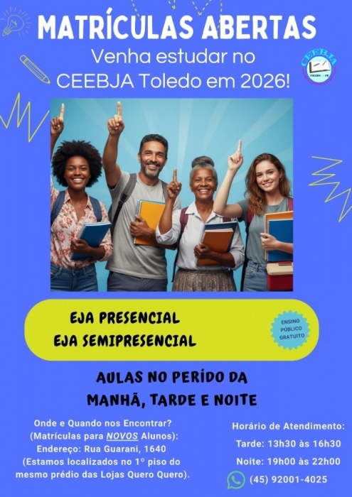 Matrículas até 12 de janeiro definem abertura das turmas da EJA para quem quer concluir o Ensino Médio em Toledo