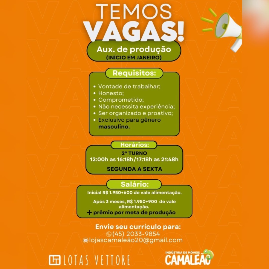 Indústria de Móveis Camaleão de Toledo contrata Auxiliar de Produção (gênero masculino); envie o seu currículo aqui