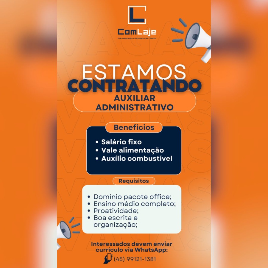 ComLaje abre vaga feminina para Auxiliar Administrativo em Toledo; envie o seu currículo aqui