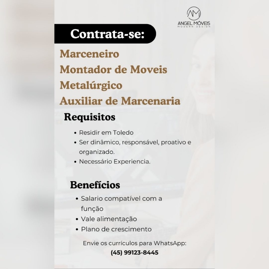 Angel Móveis de Toledo abre vagas para Marceneiro, Montador de móveis, Metalúrgico e Auxiliar de marcenaria; envie o seu currículo aqui