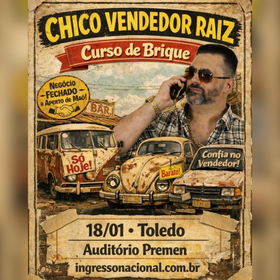 Humorista Chico Vendedor Raiz apresenta stand up em Toledo neste domingo; garanta o seu ingresso aqui