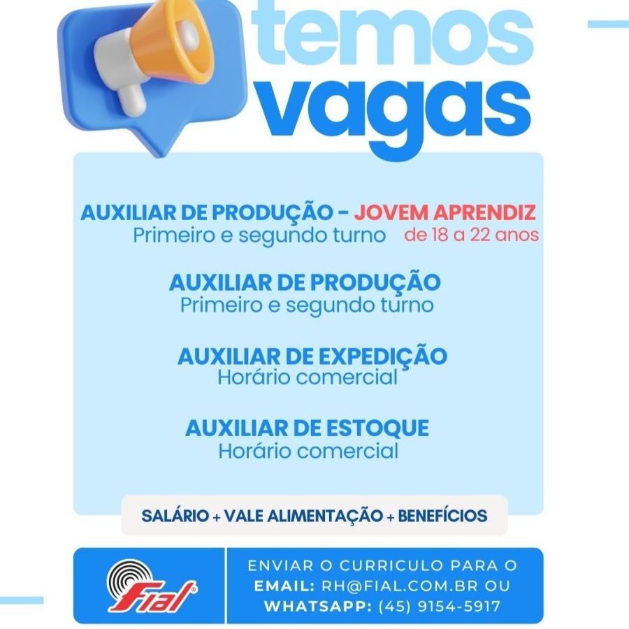 Fial Indústria de Toledo abre vagas para Auxiliar de Produção, Jovem Aprendiz, Auxiliar de Expedição e Auxiliar de Estoque; candidate-se aqui