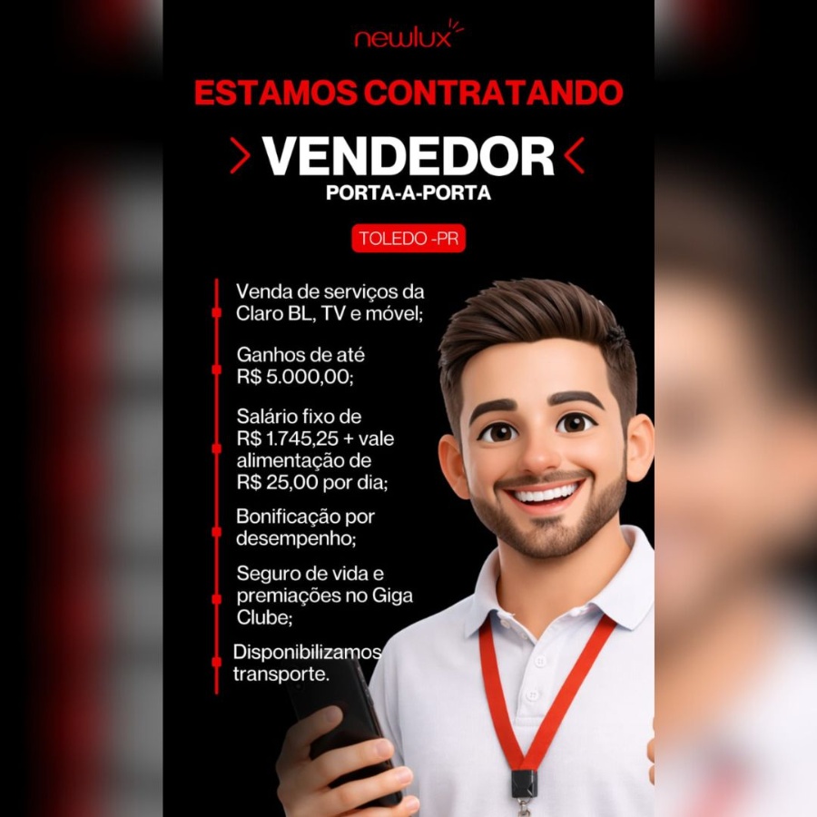 New Lux contrata vendedor externo em Toledo para vendas porta a porta dos serviços Claro com salário fixo e benefícios; candidate-se aqui