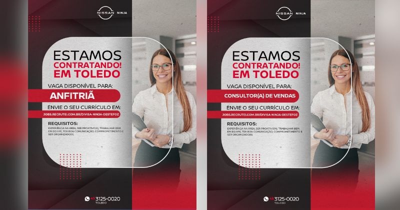 Nissan Ninja de Toledo abre vagas para Anfitriã e Consultor(a) de Vendas; confira os requisitos e envie o seu currículo aqui