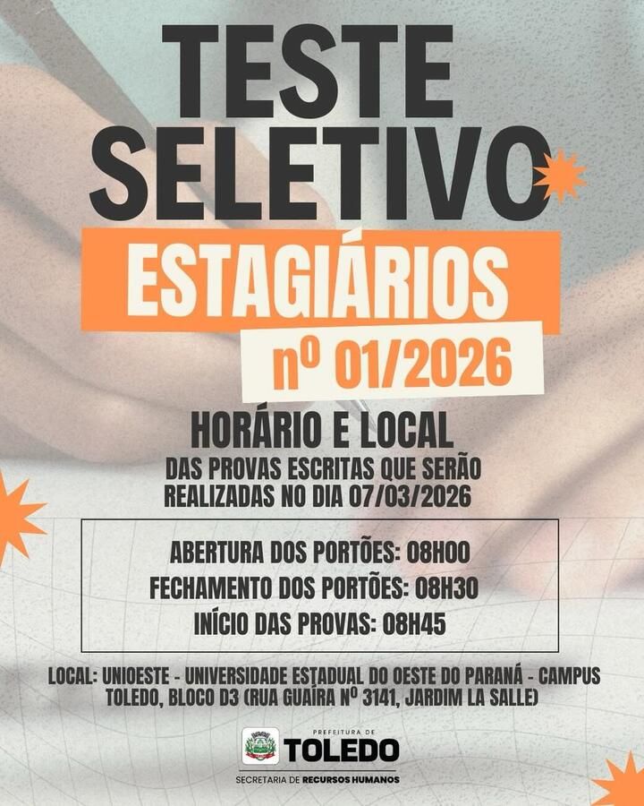 Teste seletivo de estagiários da Prefeitura de Toledo será no sábado (7)