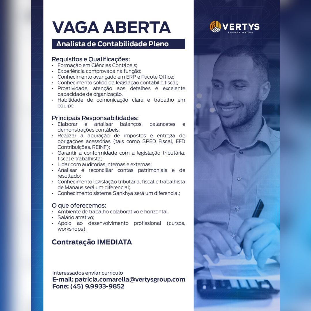 Vertys Energy Group abre vaga para Analista de Contabilidade Pleno com contratação imediata; envie seu currículo aqui