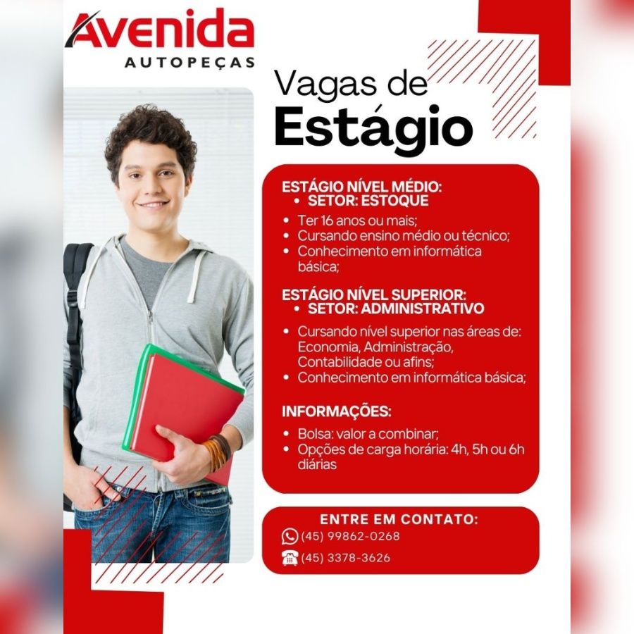 Avenida Autopeças de Toledo abre vagas de estágio para nível médio e superior; confira os detalhes e candidate-se aqui
