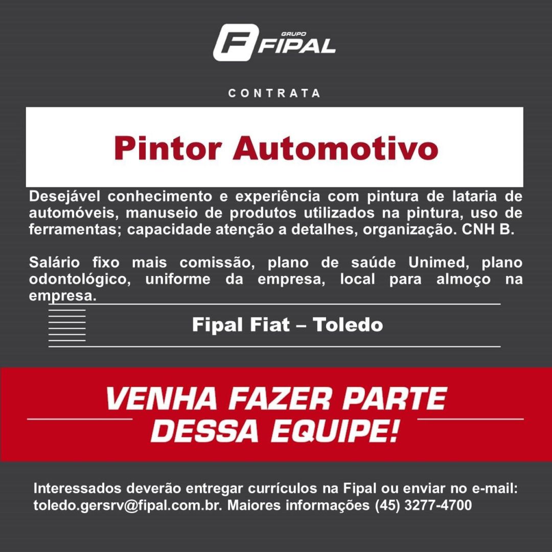 Fipal Fiat de Toledo abre vaga para Pintor Automotivo! Confira os requisitos e envie o seu currículo aqui
