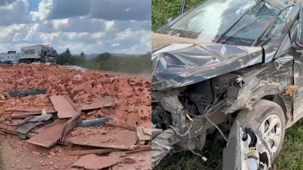 Carga de tijolos se desprende, provoca acidente com três veículos e interdita a BR-277