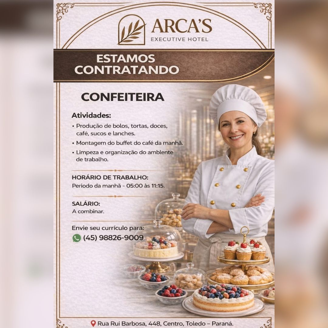 Arca’s Executive Hotel, de Toledo, abre vaga para Confeiteira no período da manhã; envie seu currículo aqui