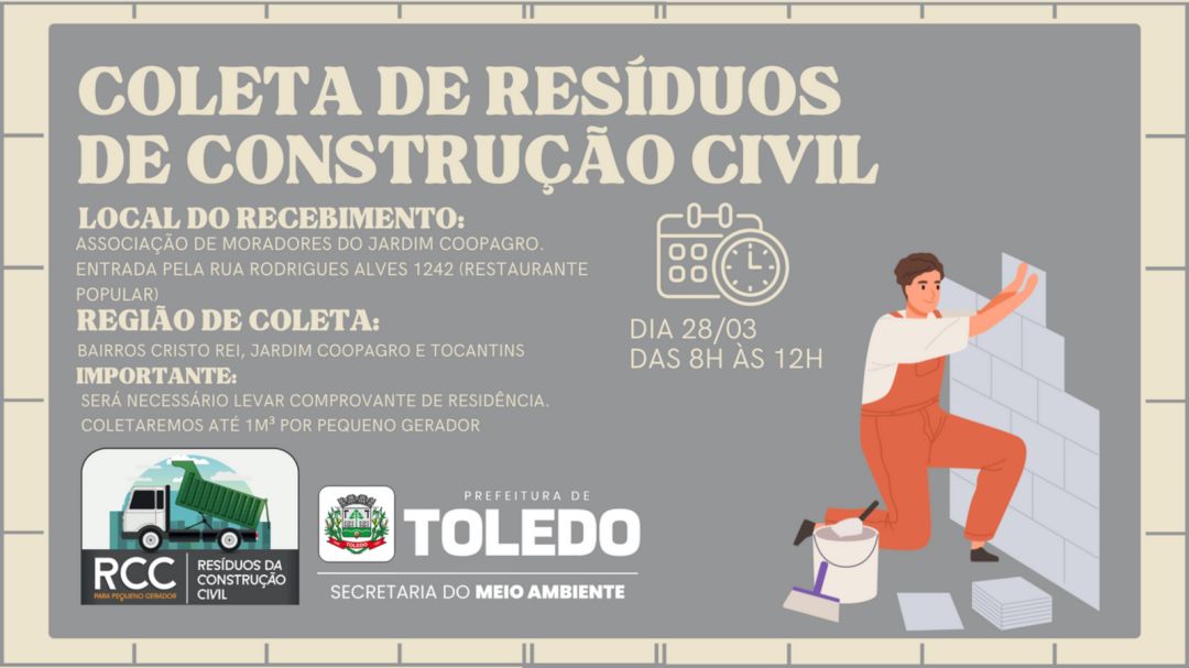 Coleta de resíduos de construção civil será realizada sábado (28) para moradores do Jardim Coopagro