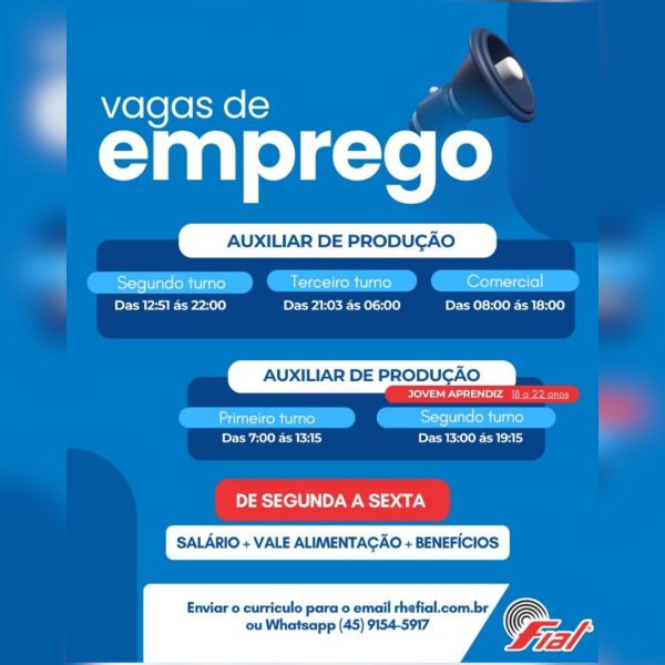 Fial Indústria de Toledo abre vagas para produção e jovem aprendiz com atuação de segunda a sexta-feira; envie o seu currículo aqui