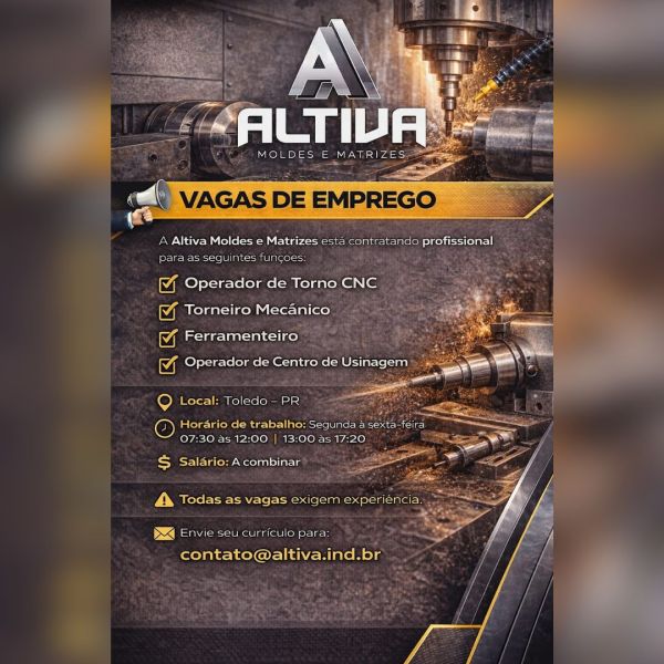 Altiva Moldes e Matrizes de Toledo abre quatro vagas de emprego; confira os cargos e candidate-se aqui