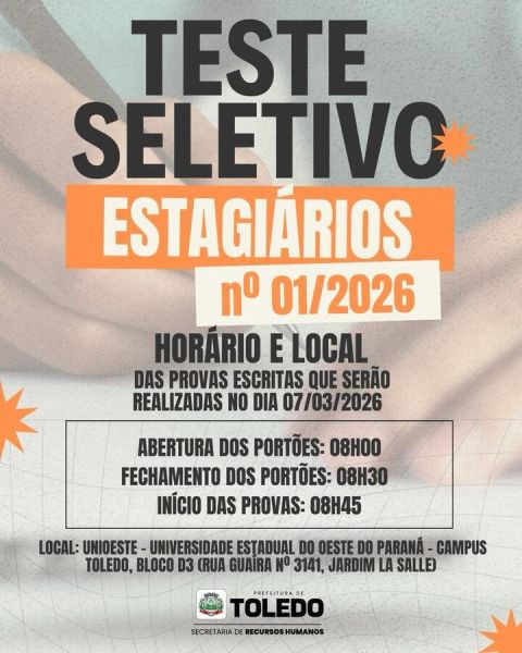 Teste seletivo de estagiários da Prefeitura de Toledo será no sábado (7)