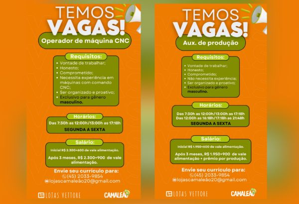 Indústria Camaleão de Toledo abre vagas para Operador de Máquina CNC e Auxiliar de Produção (masculino); envie o seu currículo aqui
