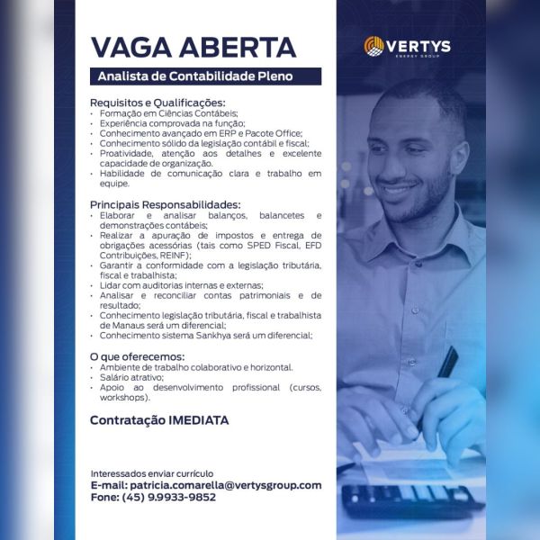 Vertys Energy Group abre vaga para Analista de Contabilidade Pleno com contratação imediata; envie o seu currículo aqui