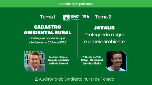 Temas de impacto na propriedade rural serão abordados nesta quinta-feira (19) em Toledo