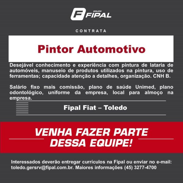 Fipal Fiat de Toledo abre vaga para Pintor Automotivo! Confira os requisitos e envie o seu currículo aqui