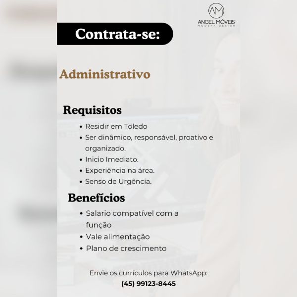Angel Móveis de Toledo abre vaga para Administrativo; confira os detalhes e envie o seu currículo aqui
