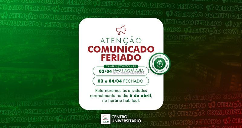 FAG Toledo comunica recesso acadêmico e administrativo em razão da Semana Santa