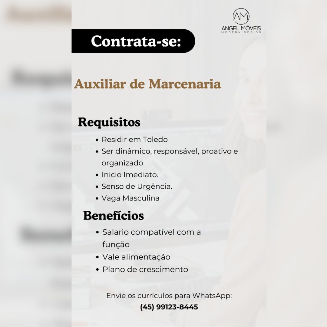 Angel Móveis de Toledo contrata Auxiliar de Marcenaria; confira os detalhes e candidate-se aqui
