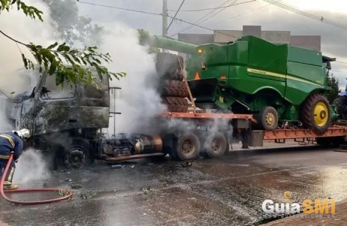 Incêndio atinge caminhão Volvo e provoca susto no perímetro urbano em São Miguel do Iguaçu