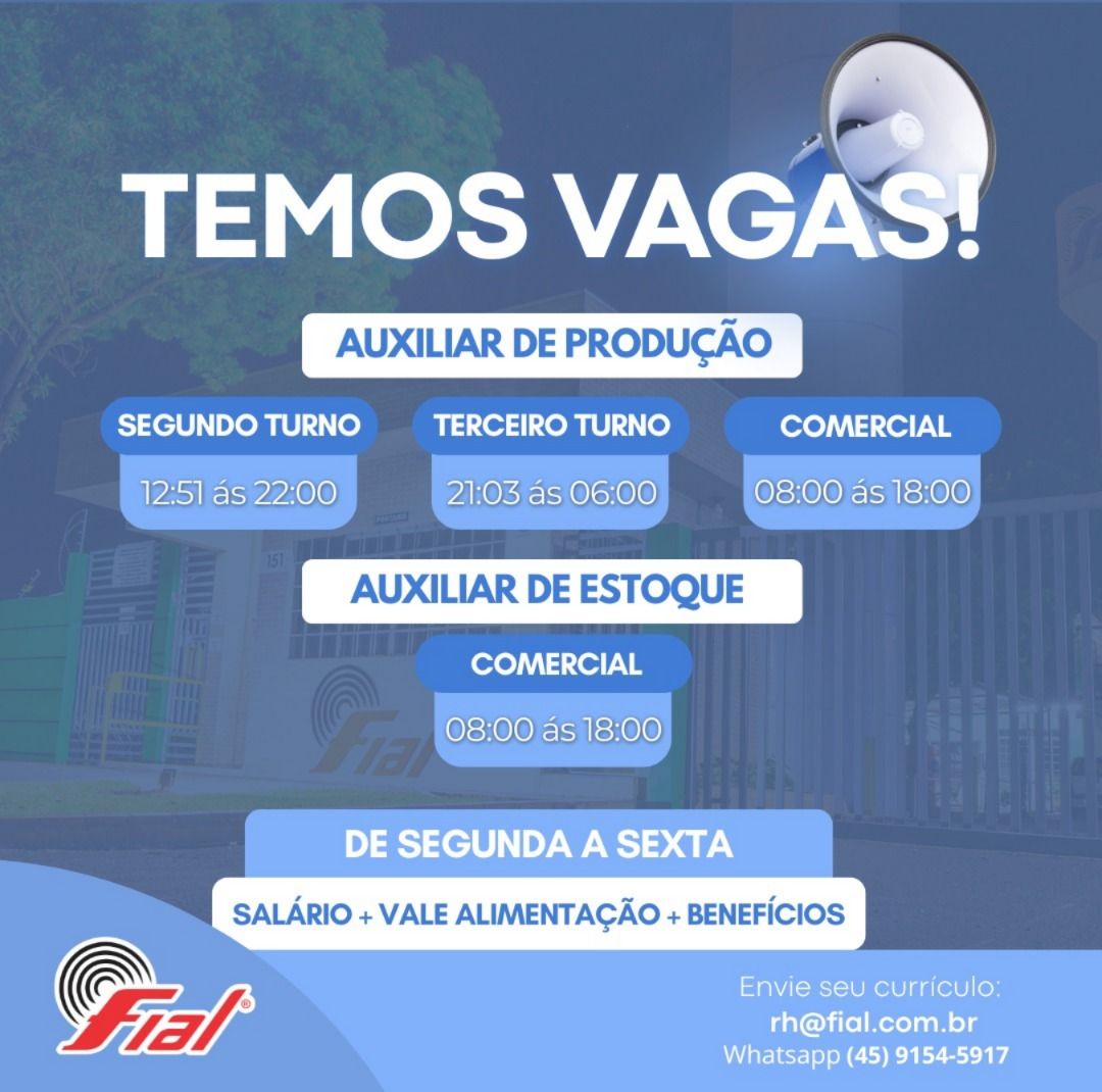 Fial Indústria de Toledo abre vagas para Auxiliar de Produção e Auxiliar de Estoque; envie seu currículo aqui