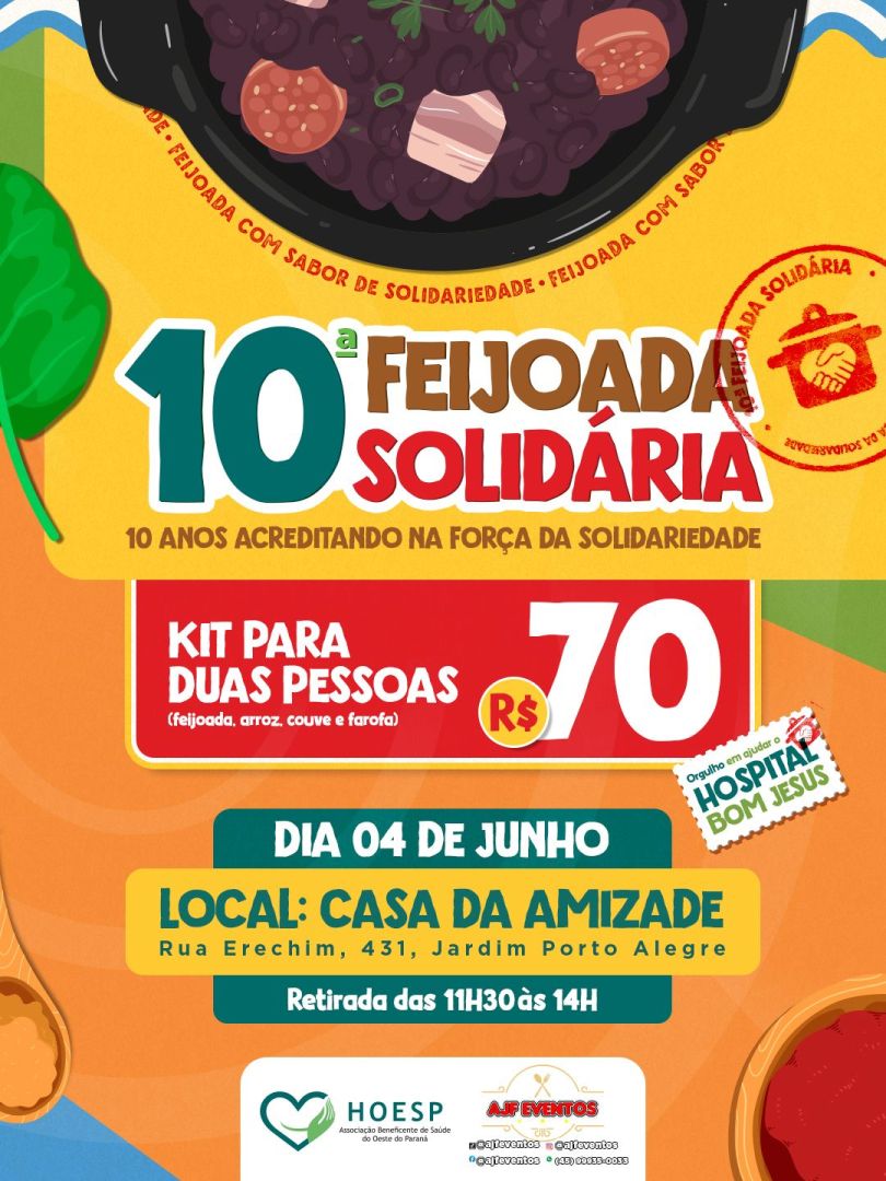 Feijoada Solidária da Hoesp - Hospital Bom Jesus será no dia 4 de junho e conta com mais de 500 kits para venda