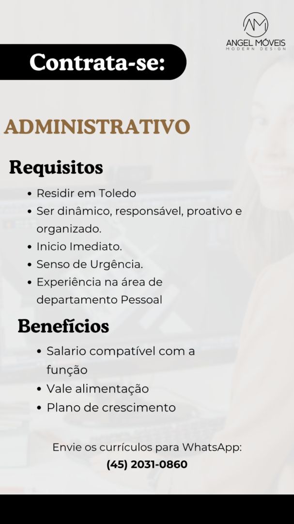 Angel Móveis abre vaga para administrativo em Toledo com benefícios