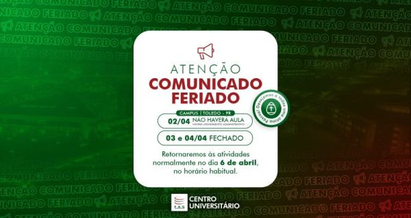 FAG Toledo comunica recesso acadêmico e administrativo em razão da Semana Santa