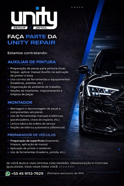 Unity Repair Detail de Toledo contrata Auxiliar de Pintura, Montador e Preparador de Veículos; envie o seu currículo aqui