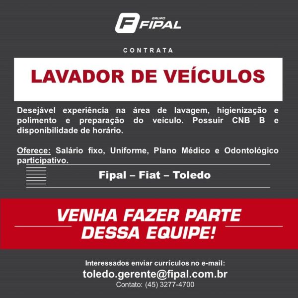 Fipal Fiat de Toledo abre vaga para Lavador de Veículos! Envie o seu currículo aqui!